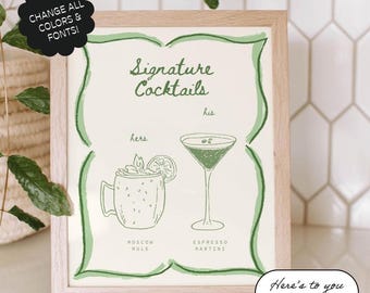 Szablon znaku Signature Drinks, niestandardowy koktajl, ręcznie pisany, fantazyjne menu weselne, rysowany ręcznie, falista obwódka, menu baru, znak koktajlowy | 33