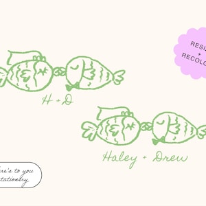 Pode incluir: Duas ilustrações de peixes verdes conectadas pelas bocas, com os nomes "H + D" e "Haley + Drew" abaixo. Um gráfico em forma de flor rosa diz "Resize + Recolor". O texto "Here's to you stationery" está em um oval preto.