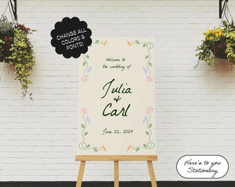 Welcome Sign Template, Event Sign, Hand Drawn, Handwritten Fonts, Florals, Garden Party, Whimsical, Quirky, Fairytale, Rehearsal Dinner | 37