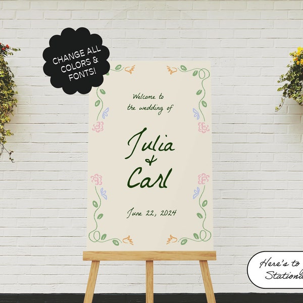 Welcome Sign Template, Event Sign, Hand Drawn, Handwritten Fonts, Florals, Garden Party, Whimsical, Quirky, Fairytale, Rehearsal Dinner | 37