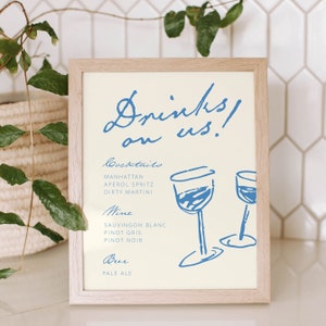 Dessiné à la main modifiable, Carte de cocktails, Carte de bar, Texte écrit à la main, Verre à vin, Rétro style, Menu imprimable, Papeterie pour menu de mariage, Modèle | 18 ans