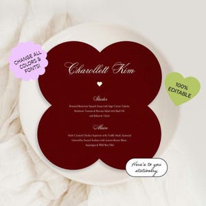 MENÚ con nombre de invitado, plantilla para cenas originales, menú único, colorido, menú de boda moderno, menú de trébol y flores, editable / 12 f