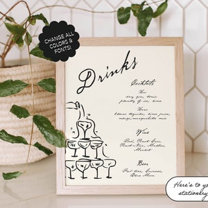 Bar Menu Template, Hand drawn, Scribble Illustrations, Handwritten Fonts, French Style, Champagne Tower, Cocktail Hour Sign, Editable | 13