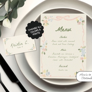 Wildblumen handgezeichnetes Menü + Name Kartenvorlage, Blumenbordüre, Bandbordüre, Gartenparty-Menü, handgeschrieben, Tischkarte |  91