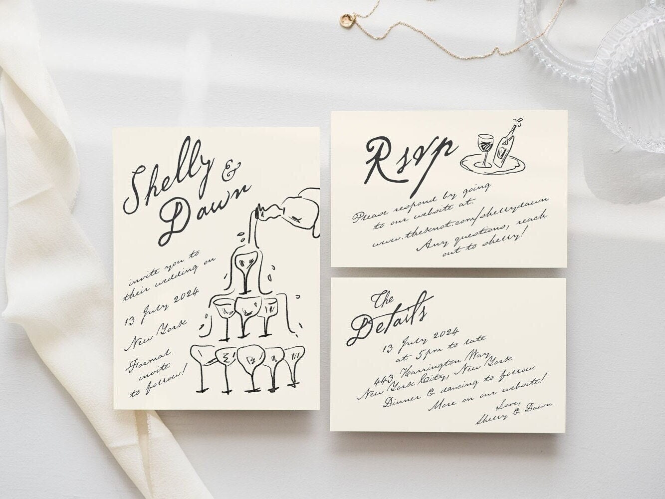Wedding Invitation Suite Template, Hand Drawn Invite, Handwritten Fonts, Whimsical Champagne Tower, Classic, Elegant Wedding  | 13