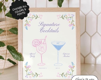 Plantilla de letrero de bebidas de autor, letrero de bar, letreros para el día, menú de bar, escrito a mano, flores dibujadas a mano, boda colorida, caprichoso / 12i