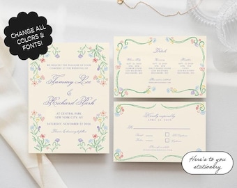 Wedding Invitation Suite Template, Hand drawn, Flower Illustrations, Whimsical Florals, Garden Party Invite, Editable, Scribble | 12c