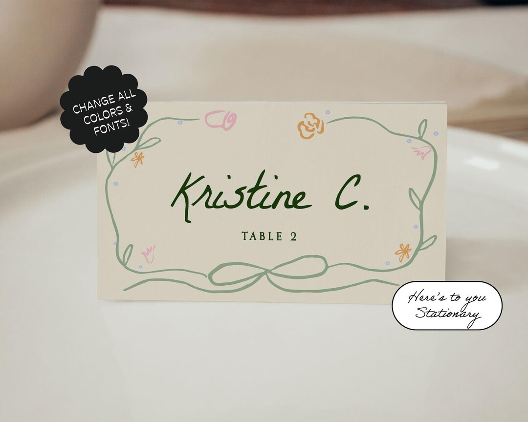 Whimsical Wedding Name Card Template, Floral Place Card, Garden Party