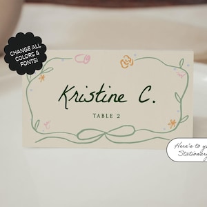 Skurril Hochzeit Name Karte Vorlage, Florale Tischkarte, Gartenparty, Handgezeichnet, Kritzel Illustration, Handgeschriebenes Gedeck | 37