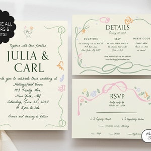 Floral Wedding Invitation Suite Template, Hand drawn, Ribbon, Handwritten Fonts, Garden Party Invite, Editable, Double Sided | 37