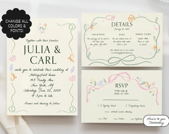 Floral Wedding Invitation Suite Template, Hand drawn, Ribbon, Handwritten Fonts, Garden Party Invite, Editable, Double Sided | 37