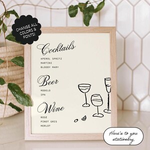 Getränke Schild Vorlage, Bar Beschilderung, benutzerdefinierte Cocktails, handgezeichnetes und handgeschriebenes kritzeln illustriertes wunderliches Hochzeitsmenü | 09