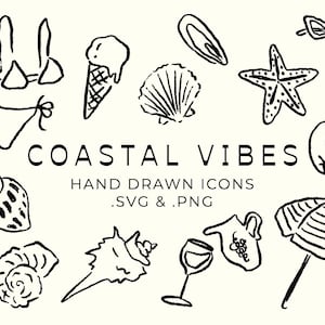 Pode incluir: Ícones desenhados à mão em preto e branco com tema costeiro, incluindo um biquíni, sorvete, conchas, estrela do mar, óculos de sol e um guarda-sol. O texto "COASTAL VIBES" também está presente.