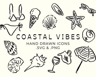 Hand Drawn Coastal Icon Set, Beach Vibe Clip Art, Shell Illustration SVG PNG Bundle, Custom Monogram, Wedding Clip Art, Beach Icons, Ocean