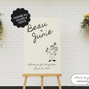 Welcome Sign Template, Cute People Retro Style, Hand Drawn Scribble Illustration, Quirky Reception Sign,  Illustrated Engagement Sign | 87