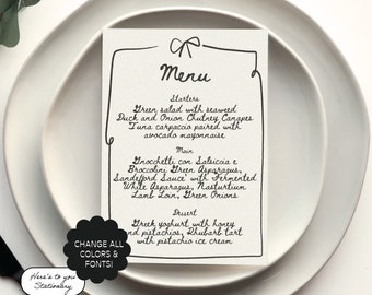 Editable Menu template, Vintage Black Bow, Hand Drawn Bar Menu, Handwritten Wedding Stationary | 12