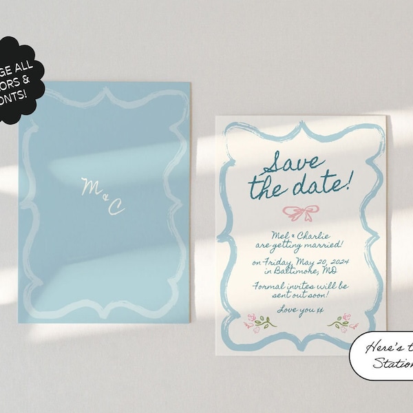 Floral Wedding Save The Date Template, Hand drawn, Ribbon, Handwritten Fonts, Garden Party Invite, Scribble Illustration, Editable | 08