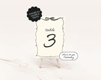 Ribbon Table Number Template, Hand drawn Table Placement, Scribble Bow, Handwritten Fonts, Garden Party Wedding, Quirky Escort Card | 82
