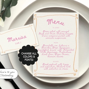 Bearbeitbares handgemaltes Menü + Namenskartenvorlage, buntes handgeschriebenes Menü, handgezeichnet, bearbeitbare Hochzeit stationär, Tischkarten | 77