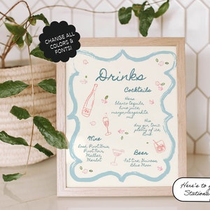 Modèle de menu de bar fantaisiste, Garden-party, Dessiné à la main, Enseigne de boisson signature, Carte de cocktails manuscrite, Motif floral, Noeud de ruban, gribouillage | 08