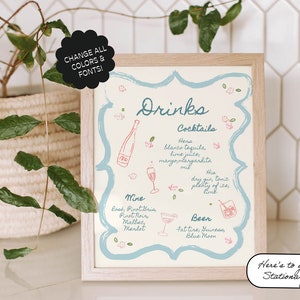 Whimsical Bar Menu Template, Garden Party, Hand Drawn, Signature Drinks Sign, Handwritten Cocktail Menu, Floral, Bow, Scribble | 08