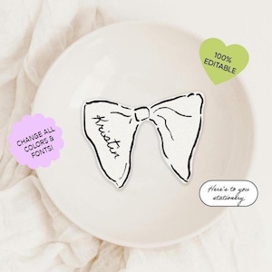 Wedding Name Card Template, Bow Place Card, Hand Drawn Ribbon, Handwritten, Whimsical, Place Setting | 12d