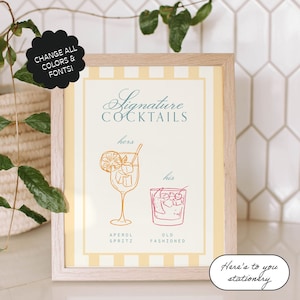 Modèle d'enseigne de boissons signature, Cocktails personnalisés, Fines rayures, Dessiné à la main, Carte des cocktails, Nautique, Menu amusant, Mariage italien, Été | 4A
