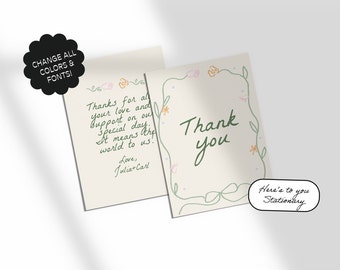 Thank You Card Template, Floral Hand drawn, Ribbon, Handwritten Fonts, Garden Party Wedding, Scribble Illustration, Editable | 37