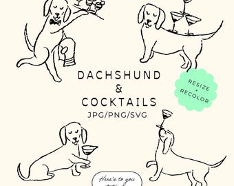 May include: Line art illustration featuring dachshunds and cocktails. The image includes four different poses of dachshunds, each interacting with cocktails. Text reads "DACHSHUND & COCKTAILS" and "Here's to you stationery."