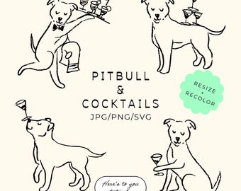 May include: Black and white line art illustration featuring four pitbull dogs. One dog is serving cocktails, another balances glasses, and two others hold cocktail glasses. The text "PITBULL & COCKTAILS" is also present.