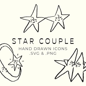 May include: Hand-drawn black and white illustrations of stars and a crescent moon. The text "STAR COUPLE" is displayed above the phrase "HAND DRAWN ICONS .SVG & .PNG". The illustrations include two stars touching, a star inside a crescent moon, and two stars together.
