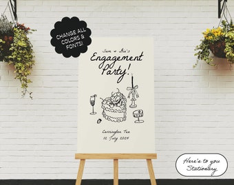 Engagement Party Welcome Sign Template, Hand Drawn, Scribble Illustrations, Handwritten Sign, Illustration, Vintage Cake, Party Sign