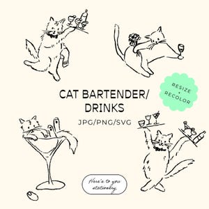 Hand Drawn Cats SVG JPEG PNG, Cat Icon Pack, Whimsical, Cocktails & Cats, Doodles, Wedding Bar Cart Art, Wedding Bar Icons, Cat Bartender