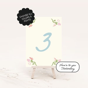 Plantilla de número de mesa floral, diseño de mesa dibujado a mano, cinta, fuentes manuscritas, fiesta en el jardín, boda, editable / 08