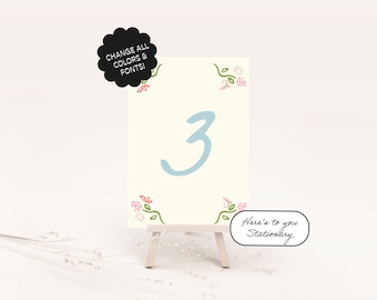 Floral Table Number Template, Hand drawn Table Placement, Ribbon, Handwritten Fonts, Garden Party Wedding, Editable | 08