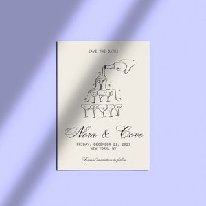 Digitale Hochzeit Save the Date Template, Champagner Turm, handgezeichnete Illustration im Gatsby-Stil, wunderliche Hochzeitseinladung | 43