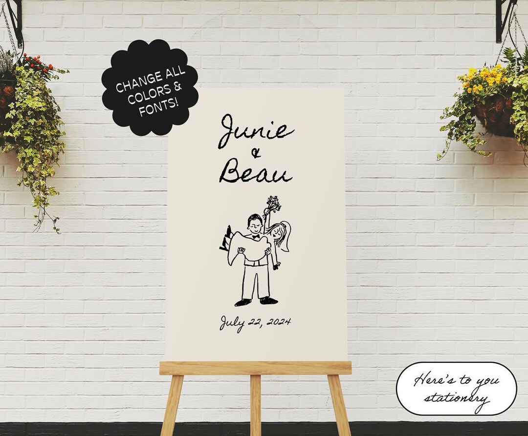 Hand Drawn Wedding Welcome Sign Template, Cute People Scribble Illustrations, Retro Vintage Couple Shower Illustrated Decor | 87 - Etsy Japan