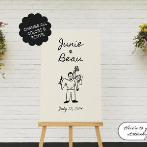 Hand Drawn Wedding Welcome Sign Template, Cute People Scribble Illustrations, Retro Vintage Couple Shower Illustrated Decor | 87