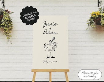 Hand Drawn Wedding Welcome Sign Template, Cute People Scribble Illustrations, Retro Vintage Couple Shower Illustrated Decor | 87