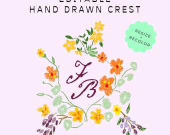 Hand Drawn Custom Wedding Monogram, Personalized Monogram, Clip Art, Wedding Crest, Wedding Icon, Floral Crest, Editable, SVG, PNG