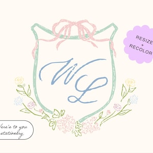 Hand Drawn Custom Wedding Monogram, Personalized Monogram, Floral Wedding, Quirky Wedding Crest, Whimsical Crest, Editable, Digital Download
