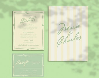 Handwritten Wedding Invitation Suite, Detail Card, RSVP, Pinstripes, Colorful, Italian Summer, Instant Download, Template, Editable | 28