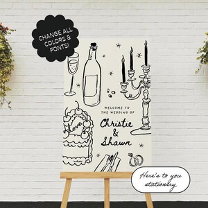 May include: Black and white wedding sign with the text "Welcome to the wedding of Christie & Shawn". The sign also features a bottle of wine, a glass of champagne, a cake with cherries, and a candelabra.
