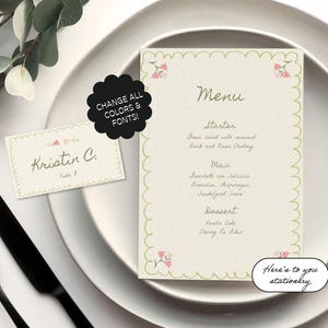 Bewerkbaar handgetekende menukaart + sjabloon voor visitekaartjes, eigenzinnige bloemen, kleurrijk handgeschreven menu, handgeschilderd bruiloftsbriefpapier, plaatskaart | 8a