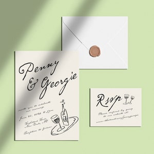 Handgetekende uitnodiging voor feest set sjabloon, champagne, wijnglas, Franse vintage stijl, huwelijksuitnodiging, doodle, RSVP, bewerkbaar | 39