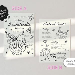 May include: A black and white printable bachelorette party invitation with a hand-drawn illustration of a woman in a seashell. The text on the invitation reads "Tessa's Bachelorette Weekend" and includes the dates "06.10.14-06.23.14" and the location "Tulum, Mexico". The back of the invitation lists the weekend events, including a brunch, booze cruise, and drag show.