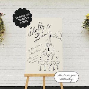 Hand Drawn Wedding Welcome Sign Template, Old Money Champagne Tower, Scribble Illustration Reception Sign, Retro Vintage, Illustrated | 13