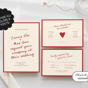 Könnte beinhalten: Hochzeitseinladungssuite mit roten und weißen Akzenten. Die Einladung enthält den Text "Carrie Lee + Mat Han request your company at their wedding" mit Datum und Ort. Die RSVP-Karte enthält eine Antwortfrist bis zum 20. April 2025.