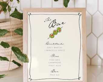 Bar Menu Template, Hand Drawn Olives, Drink, Cocktail Menu, Quirky Bar Menu, Whimsical Illustrated Bar Menu | 48