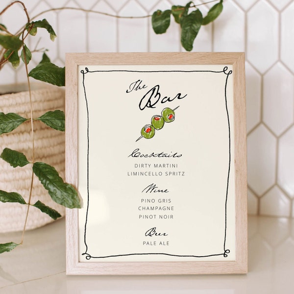 Editable Hand drawn Olives, Drink, Cocktail Menu, Hand Written, Printable Menu, Wedding menu Stationery, Template | 48